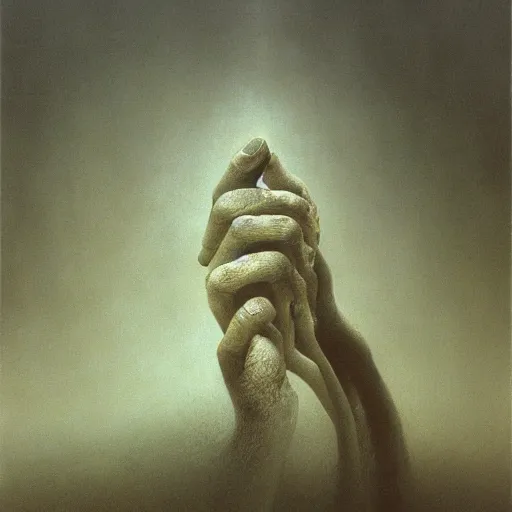 Image similar to hand and arm reaching out of thick fog, zdzislaw beksinski