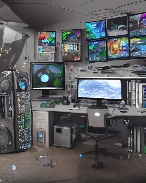 Image similar to scifi scene of a complex computer workstation in a small studio apartment room, many monitors, many electronics, very detailed, maximalism, unreal engine, hyper realism, realistic shading, cinematic composition, realistic render, octane render, detailed textures, photorealistic