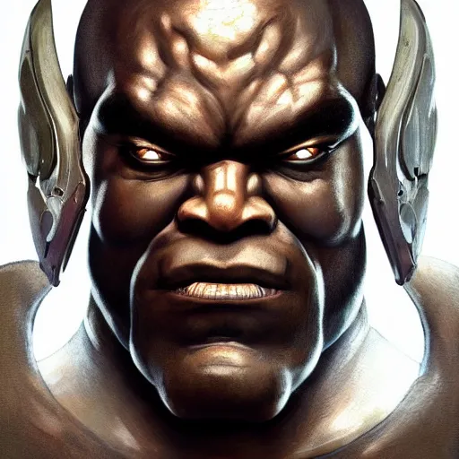 Image similar to science-fiction utopian character portrait of a huge muscular menacing Doomfist from Overwatch, white face paint, intricate, wild, highly detailed, digital painting, artstation, upper body, concept art, smooth, sharp focus, illustration, art by artgerm and greg rutkowski and alphonse mucha