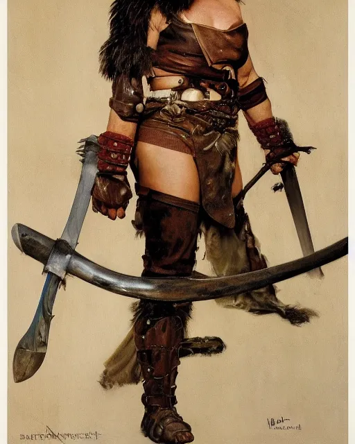 Prompt: portrait of a savage muscular barbarian female with light leather armor, by norman rockwell