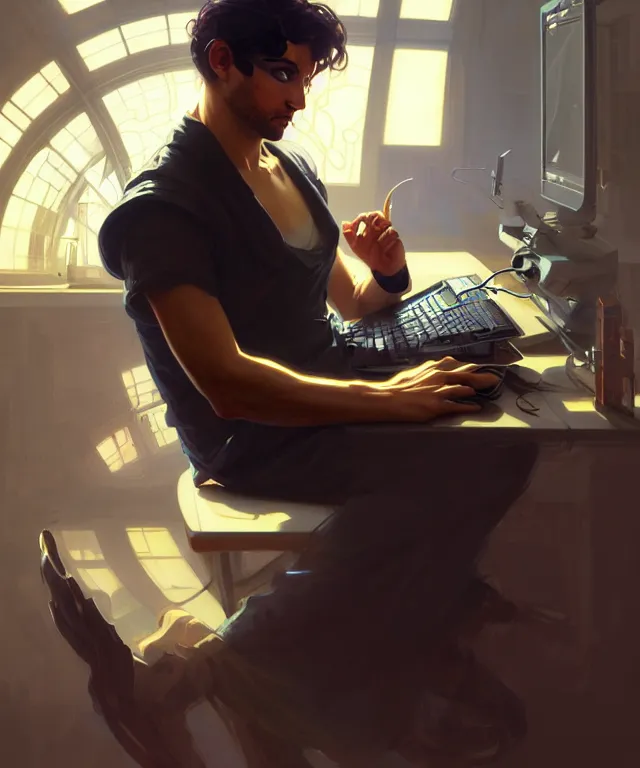 Image similar to Hacker man hacks computer, highly detailed, digital painting, artstation, concept art, smooth, sharp focus, illustration, art by artgerm and greg rutkowski and alphonse mucha