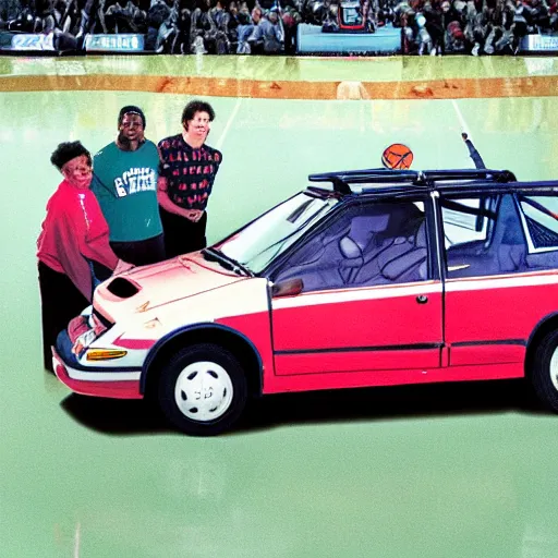 Prompt: an entire nba team crammed into a small geo metro