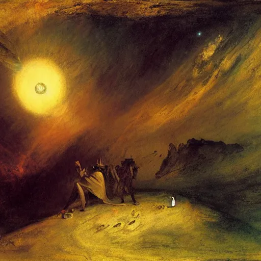 Image similar to a space expedition by william turner, by theodore gericault, by caspar david friedrich, oil painting, romantism, realism, limited palette