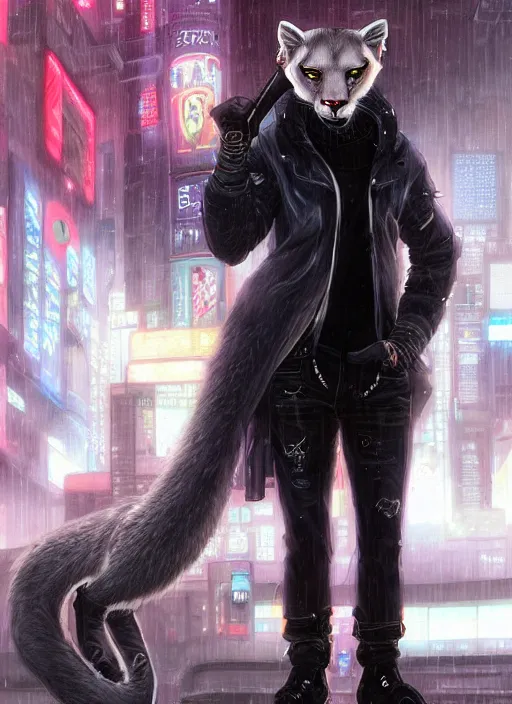 Prompt: award winning beautiful portrait commission art of a male furry anthro albino mountain lion fursona with a tail and a cute beautiful attractive detailed furry face wearing black stylish cyberpunk pants, black stylish cyberpunk boots, red cyberpunk vest in a cyberpunk city at night while it rains. Character design by charlie bowater, ross tran, artgerm, and makoto shinkai, detailed, inked, western comic book art