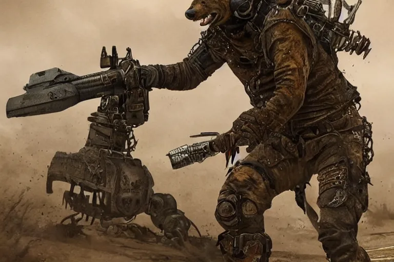 Image similar to a good ol'hyena fursona ( from the furry fandom ), heavily armed and armored facing down armageddon in a dark and gritty version from the makers of mad max : fury road. witness me.