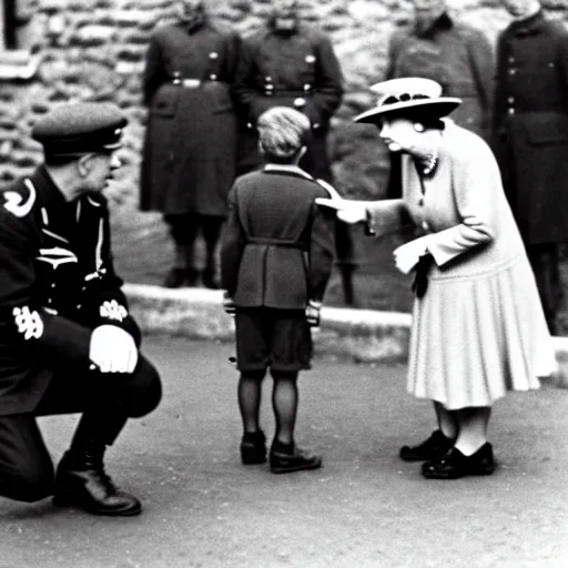 Prompt: ultra wide 1 9 4 6 blurry historical photo of a single german general kneeling, a young queen elizabeth watches him, french village exterior, her brown and white corgis are next to her, highly detailed, sharp focus