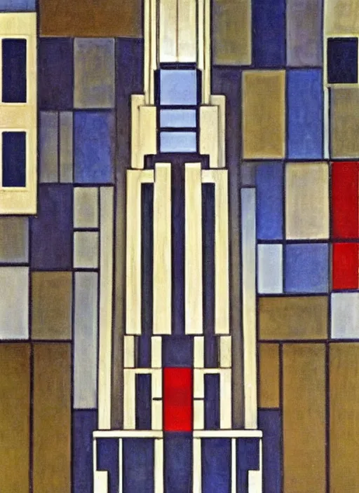 Prompt: artdeco cathedral by frank lloyd wright painted by piet mondrian