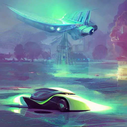 Image similar to solarpunk hovercar, clean energy, green technology, batoidea shape, airspace, sunny day, futurism, intricate, engines, glow, highly detailed, peaceful, utopia, bright, digital painting, artstation, concept art, smooth, sharp focus, epic landscape, art by akihiko yoshida and tim mcburnie and anato finnstark