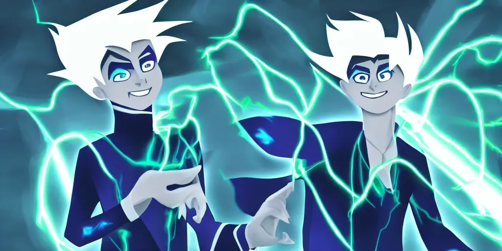 Image similar to a mage that looks like danny phantom he is at his desk working on a new spell that is casting out flowing energy, colorful, flowing energy, light rays, consistent face, medium shot, waist up, pixar and disney animation, sharp, concept art, highly detailed, bloom, dramatic lighting, cinematic