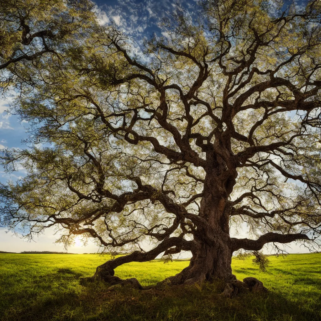 Prompt: old oak tree smoothly transitioning into four seasons of the year, the tree is growing on a meadow, cinematic lighting, photo realistic image, 4K, super detailed, cinematic look