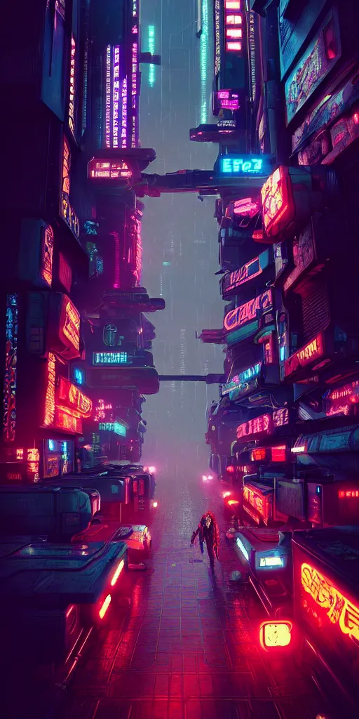 Image similar to epic cyberpunk arcade city : : blade runner, james guilleard, beeple, laurie greasley, dan mcpharlin : : ornate, dynamic, particulate, rich colors, intricate, elegant, highly detailed, centered, artstation, smooth, sharp focus, octane render, 3 d