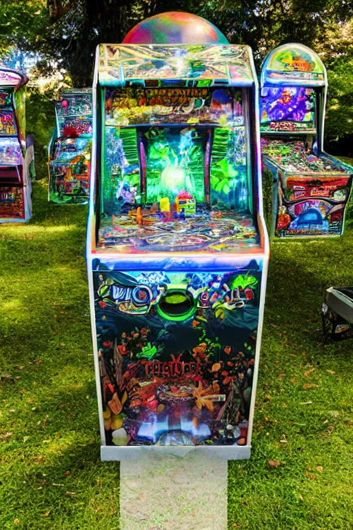 Image similar to al fresco arcade holographic pinball tables in the garden ruins, tree spirits kodama forestfolk excitedly gather round to set a new high score, neon pinball fantasy forest festival