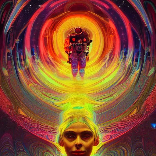 Image similar to An extremely psychedelic experience, colorful, surreal, dramatic lighting, cosmonaut, LSD, face, detailed, intricate, elegant, highly detailed, digital painting, artstation, concept art, smooth, sharp focus, illustration, art by Sam Spratt, Dan Mumford, Artem Demura and Alphonse Mucha