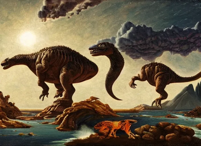 Image similar to earth during the cretaceous – paleogene extinction event, just as the asteroid is colliding with earth, dinosaurs from that era panicing and running in the far background, in the style of hudson river school of art, oil on canvas