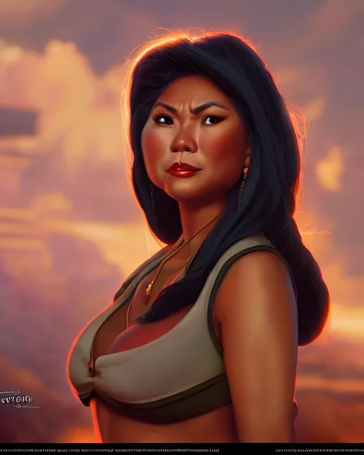 Prompt: welcoming heavy filipina - american woman character portrait, by don bluth, sci - fi environment, highly detailed, dynamic shadows, 4 k, wallpaper - 1 0 2 4