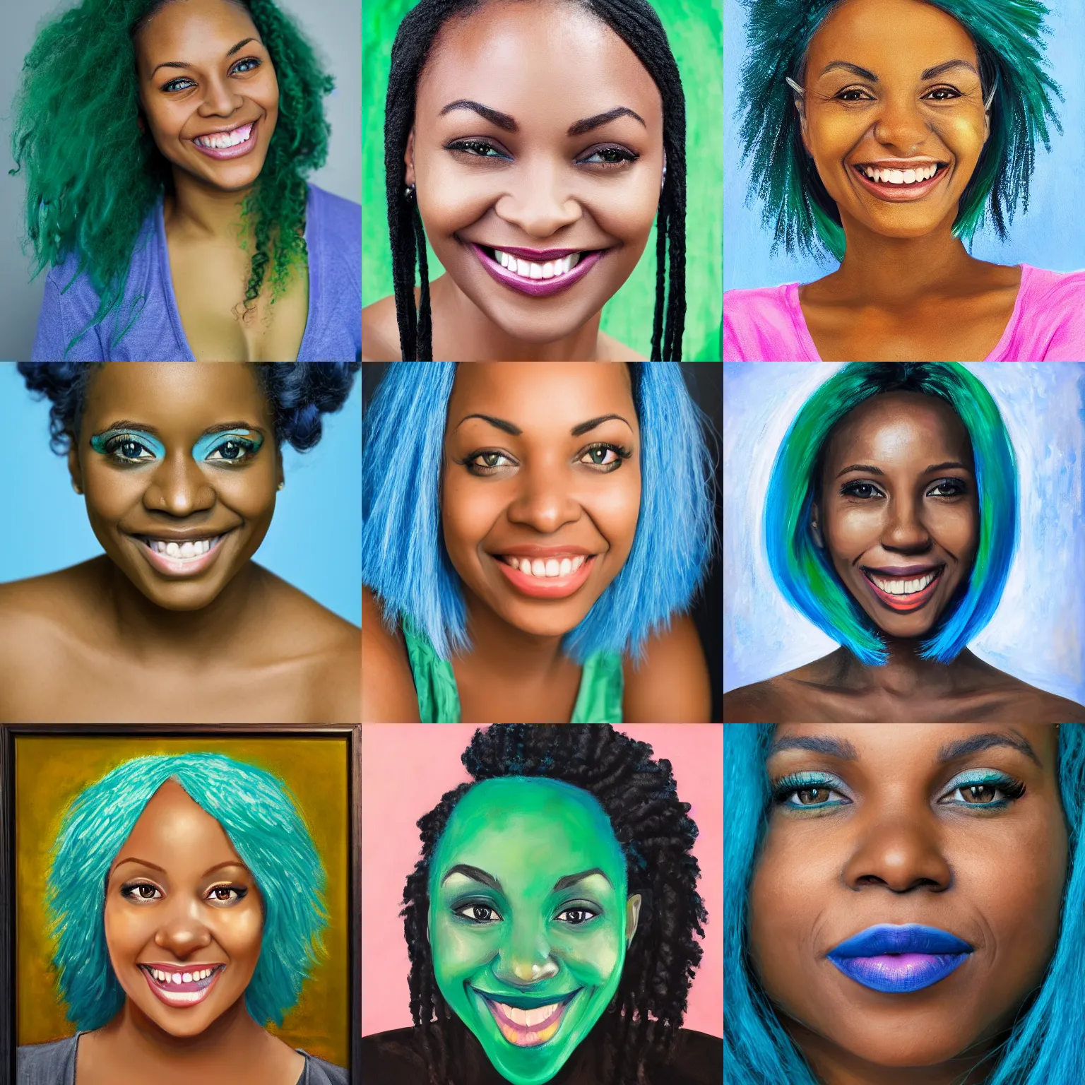 Prompt: photo of a single black woman with blue hair, green eyes smiling, portrait, realistic, photograph, oil painting