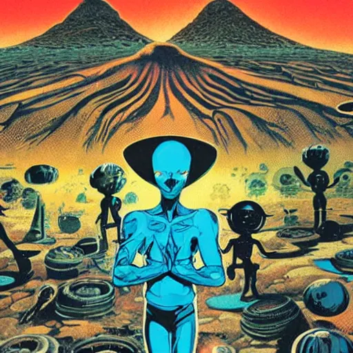 Prompt: an alien meditating in front of a giant black power fist in the center, worshipped by aliens dancing in lava fields by victor moscoso and john berkey