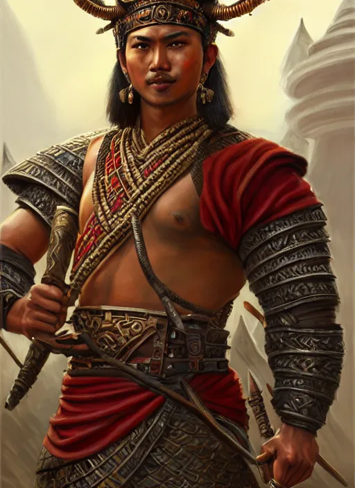 Image similar to smart tai warlord, closeup portrait, historical, ethnic group, traditional tai costume, sukhothai costume, bronze headset, fantasy, intricate, with leather armor cross onbare chest, elegant, loin cloth, highly detailed, oil painting, artstation, concept art, matte, sharp focus, illustration, hearthstone, art by earl norem