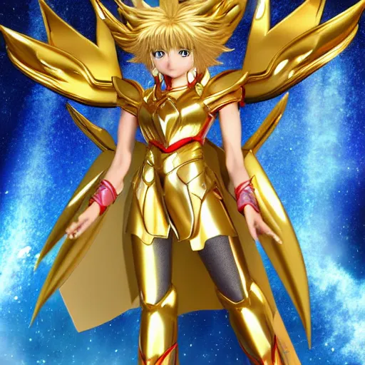 Image similar to photorealistic full shot of Saint Seiya knight wearing golden Cat armor as a cute anime girl, detailed, inspired by Masami Kurumada, unreal engine, ArtStation