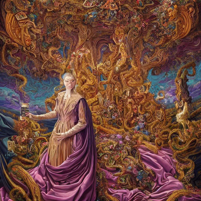 Image similar to beautiful oil painting, full length portrait of dauphinois in baroque coronation robes 1701, Dan Mumford, Dan Mumford, Alex grey, highly detailed , lsd visuals, dmt fractal patterns, hallucinogen, visionary art, psychedelic art, ornate, vaporwave, baroque, Greg rutkowski