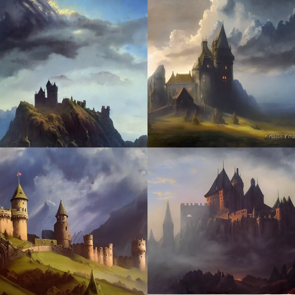 Prompt: castle in the mists, dramatic sky, heavy textured sharp detailed oil painting by Frazetta 4k