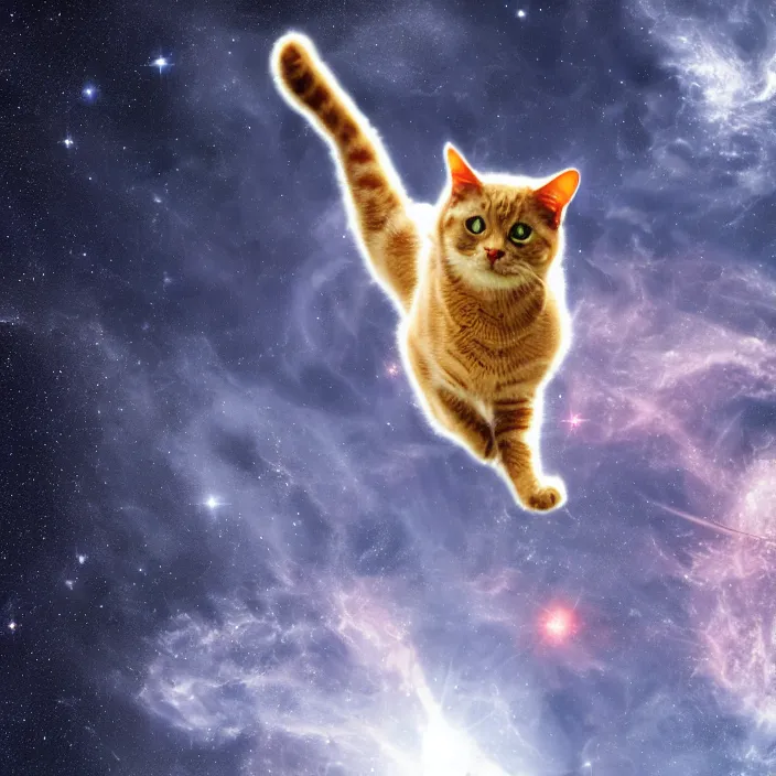 Image similar to a cat flying through space, high resolution photo