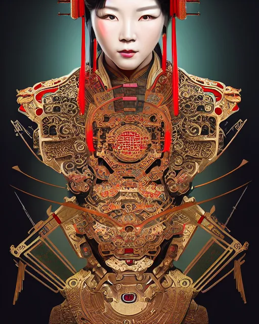 Image similar to portrait of a chinese cyberpunk machine, machine face, upper half portrait, decorated with chinese opera motifs, regal, asian, fine china, wuxia, traditional chinese art intricate intense elegant 京 剧 highly detailed digital painting artstation concept art smooth sharp focus illustration, art by artgerm and greg rutkowski alphonse mucha 8 k