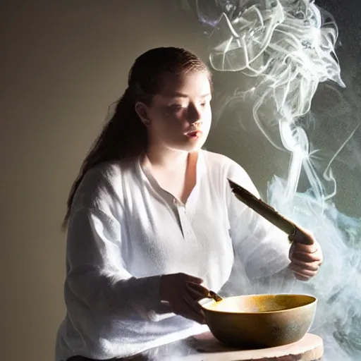 Prompt: teen witch mixing a spell in a cauldron, wispy smoke, studio lighting