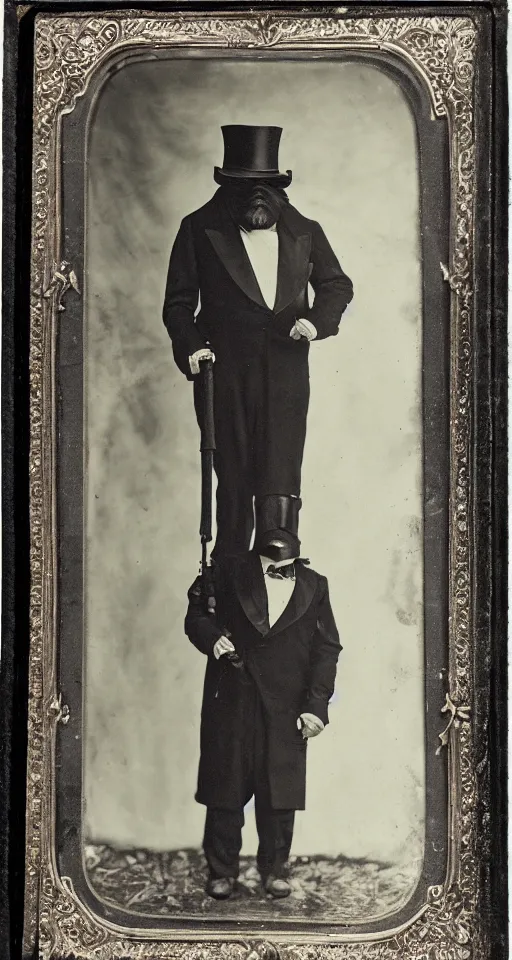 Prompt: a vintage wet plate portrait of a dignified bigfoot with a top hat and cane, extremely detailed