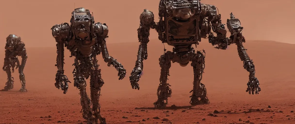 Image similar to bipedal sentient robots walking the surface of mars during a dust storm, vivid, sci fi, intricate, detailed, glossy, metallic, rusted parts, glowing eye, ultra detail