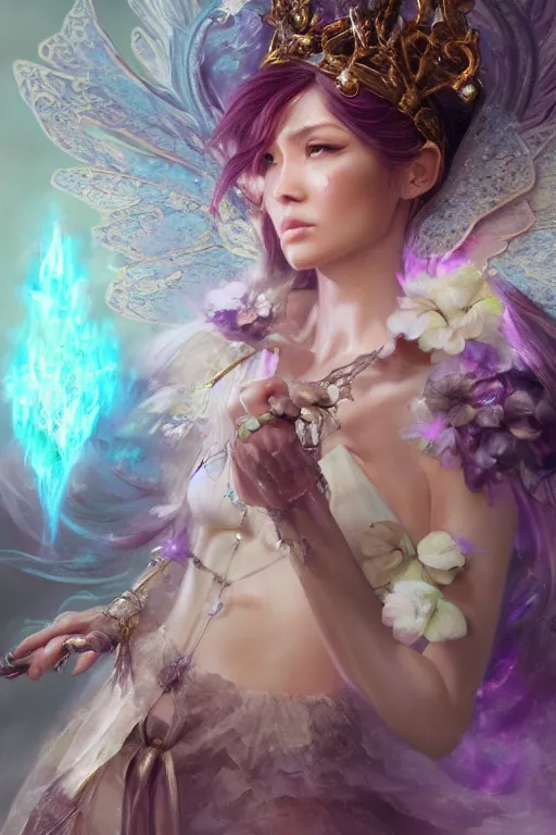 Image similar to face closeup of extremely beautiful girl necromancer, magical fairy flowers and ice velvet, diamonds, angels, 3 d render, hyper - realistic detailed portrait, holding fire and electricity rainbow, ruan jia, wlop. scifi, fantasy, magic the gathering, hyper detailed, octane render, concept art, peter mohrbacher