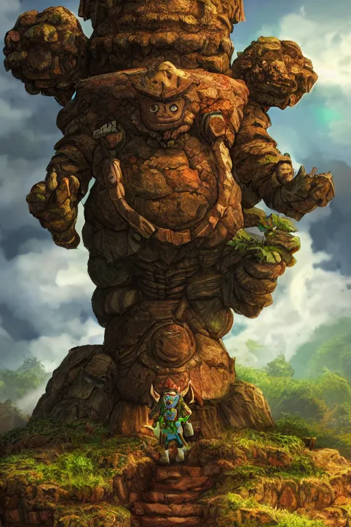 Image similar to zelda fantasy art giant golem troll wood rock greeble gemstone, global illumination ray tracing hdr fanart arstation by sung choi and eric pfeiffer and gabriel garza and casper konefal