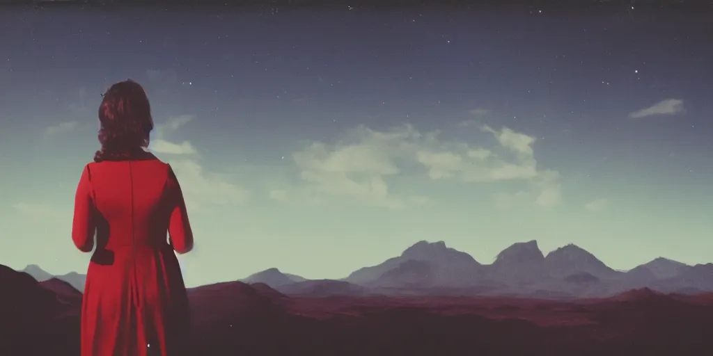 Prompt: vintage polaroid analog photo of a woman in a red dress on an alien planet, scifi, gigantic mountains, big clouds, lit from behind, 8k, unreal engine, warm azure tones, color bleed, film grain