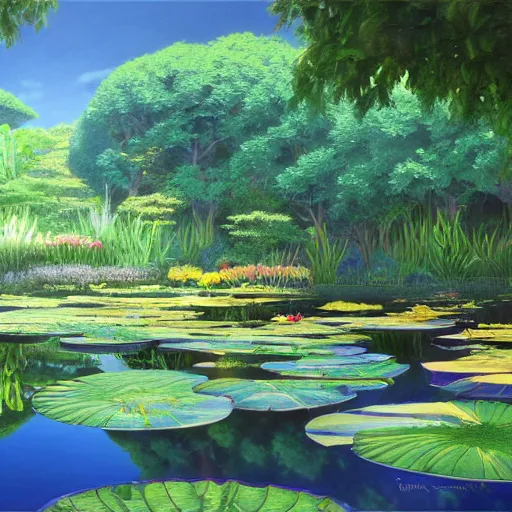 Image similar to a beautiful painting of a water lily pond by yusuke murata and makoto shinkai, cel shaded, unreal engine, highly detailed, iridescent, illustration, artstation,