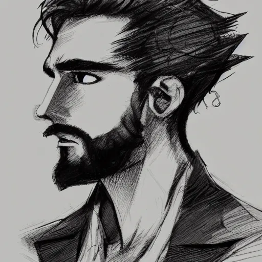 Image similar to very attractive man with beard, body full, strong masculine features, 3/4 front view, slim, short hair, 35 years old, one android eye, sophisticated clothing with some steampunk elements, gesture dynamic, command presence, royalty, weathered face, smooth, sharp focus, organic, appealing, book cover, deep shadows, by Dave McKean sketch lineart for character design