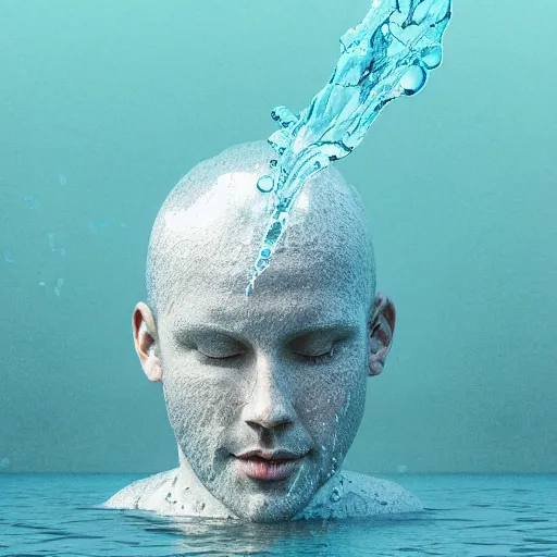 Image similar to a water sculpture of a human head on the ocean water, water manipulation photoshop, behance, ray tracing, cinematic, in the style of johnson tsang, long shot, hyper detailed, hyper realistic, 8 k resolution, sharp focus, realistic water, award winning