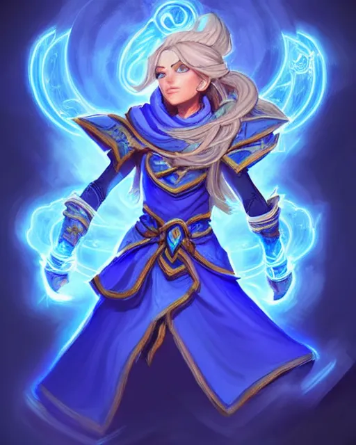 Prompt: perfectly - centered!! looking at the camera!!! full body portrait of the female blue mage, bright lighting, intricate abstract upper body intricate artwork, by hearthstone, concept art, hearthstone mastered art