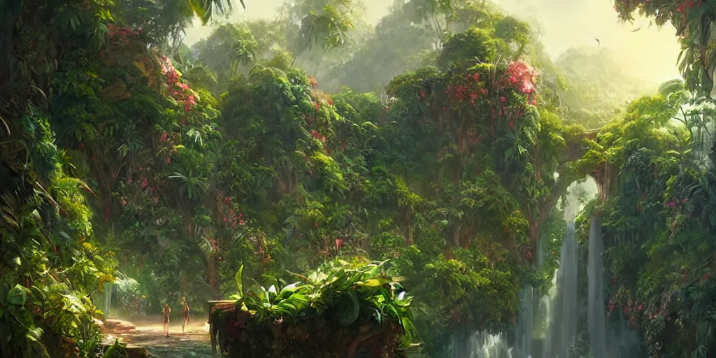 Image similar to Hidden tropical paradise, lush vines and flowers digital painting, art by greg rutkowski, artgerm