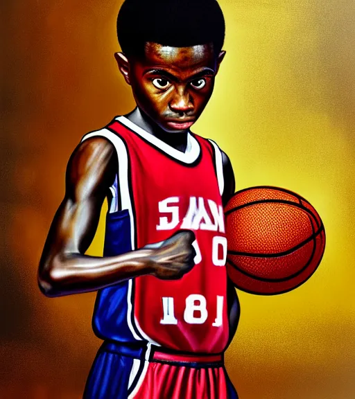 Prompt: portrait of a boy at a basketball court playing basketball wearing a basketball uniform in a basketball court standing near the basketball hoop, painted in 1776, intense emotion, detailed facial expression, detailed surroundings, intricate, elegant, highly detailed, centered, digital painting, artstation, concept art, smooth, sharp focus, illustration, WLOP