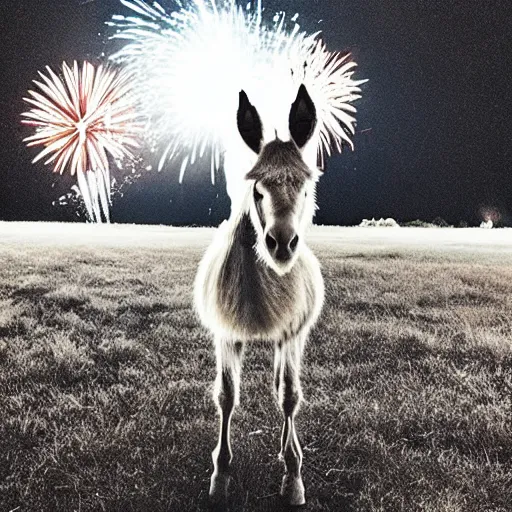 Image similar to “exploding fireworks in the night sky raining down embers and sparks and brightly burning pieces falling from the sky, a pale donkey stands in a field in the darkness. Photography. Flash photo. Cursed image.”