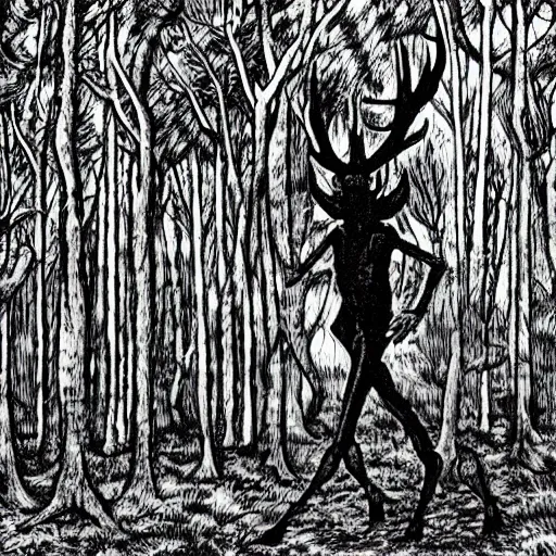 Prompt: a humanoid deer monster in a forest, by Junji Ito