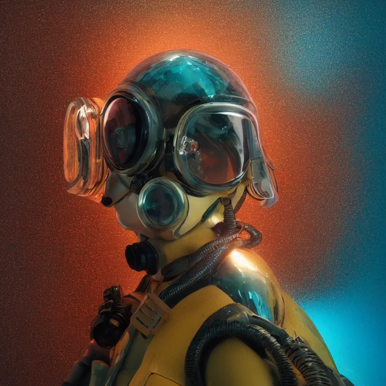 Image similar to octane render portrait by wayne barlow and carlo crivelli and glenn fabry, subject is a shiny reflective colorful tactical special forces scuba diver with small dim lights inside helmet, surrounded by bubbles inside an exotic alien coral reef aquarium full of exotic fish and sharks, cinema 4 d, ray traced lighting, very short depth of field, bokeh