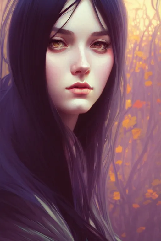 Image similar to a beautiful girl with long black hair, fantasy, portrait, sharp focus, intricate, elegant, digital painting, artstation, matte, highly detailed, concept art, illustration, ambient lighting, art by ilya kuvshinov, artgerm, Alphonse mucha, and Greg Rutkowski