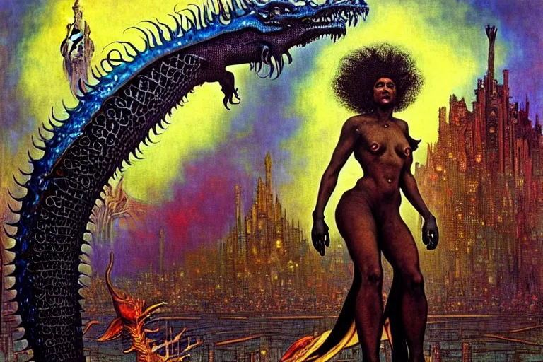 Image similar to realistic extremely detailed closeup portrait painting of a beautiful black woman riding a mutant dragon, dystopian city on background by Jean Delville, Amano, Yves Tanguy, Ilya Repin, Alphonse Mucha, Ernst Haeckel, Edward Robert Hughes, Roger Dean, heavy metal 1981, rich moody colours