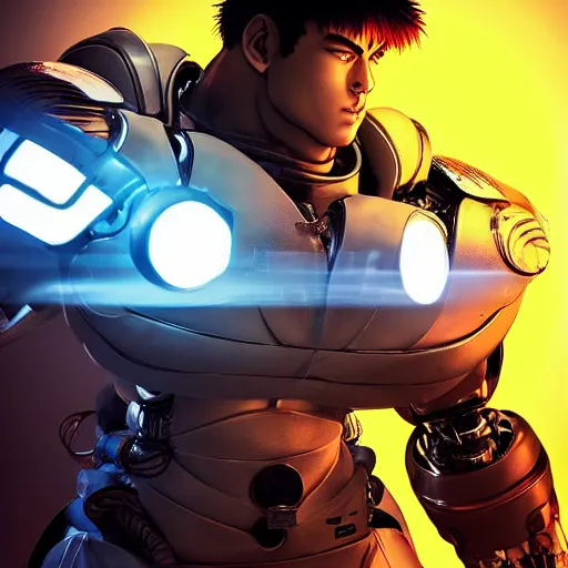 Image similar to portrait of streetfighter ryu as a cybernetic battle robot, visible face, super cool, katana, led, backlit, promotional material