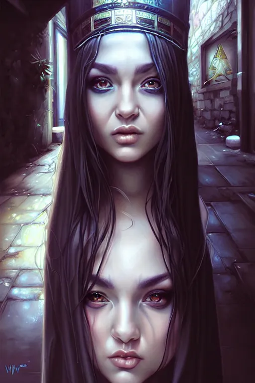 Image similar to Photorealistic hyperrealism priestess in a shady backalley by Artgerm and WLOP