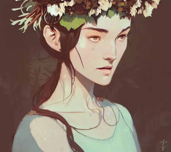 Image similar to portrait of forest godess with flower crown, by atey ghailan, by greg rutkowski, by greg tocchini, by james gilleard, by joe fenton, by kaethe butcher, by ashley wood, dynamic lighting, gradient light blue, brown, blonde cream and white color scheme, grunge aesthetic