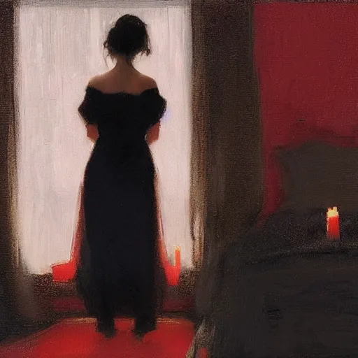 Image similar to beautiful girl with long black hair, in backless red dress, backview, sitting on edge of bed, in a candle lit room, by jeremy lipking, tim rees, joseph todorovitch