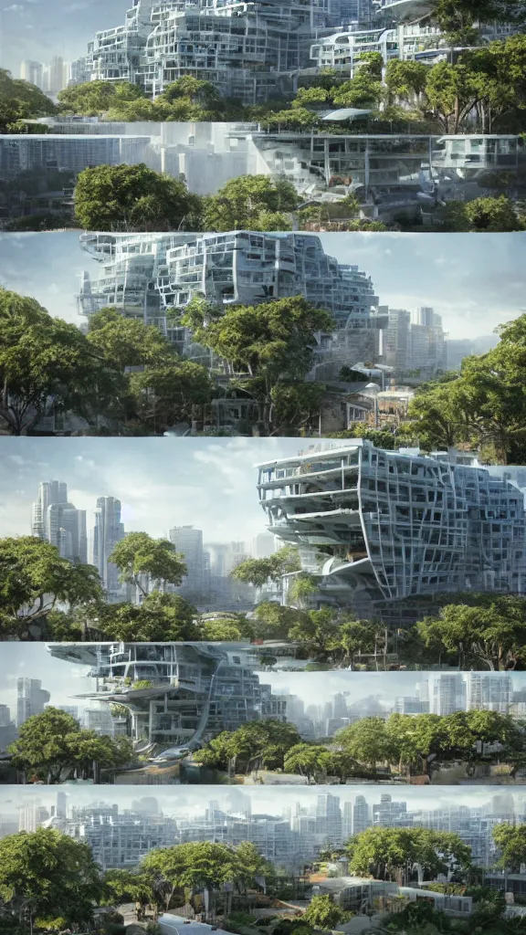 Image similar to 5 - panel comic page layout. crowd talking about sustainable futuristic building in a urban setting. ultrarealistic matte painting on white page. the building has many deep and tall balconies covered in plants and trees. thin random columns, large windows, deep overhangs. plants hang from balconies. greeble articulated details with plants. 8 k, uhd.