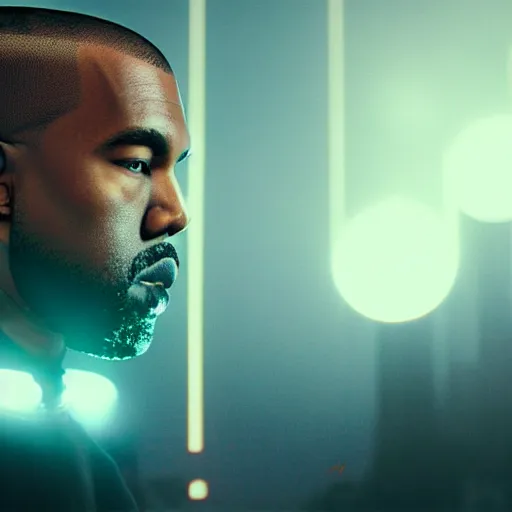 Image similar to Portrait of Kanye West as a cyborg, splash art, cinematic lighting, dramatic, octane render, long lens, shallow depth of field, bokeh, anamorphic lens flare, 8k, hyper detailed, 35mm film grain